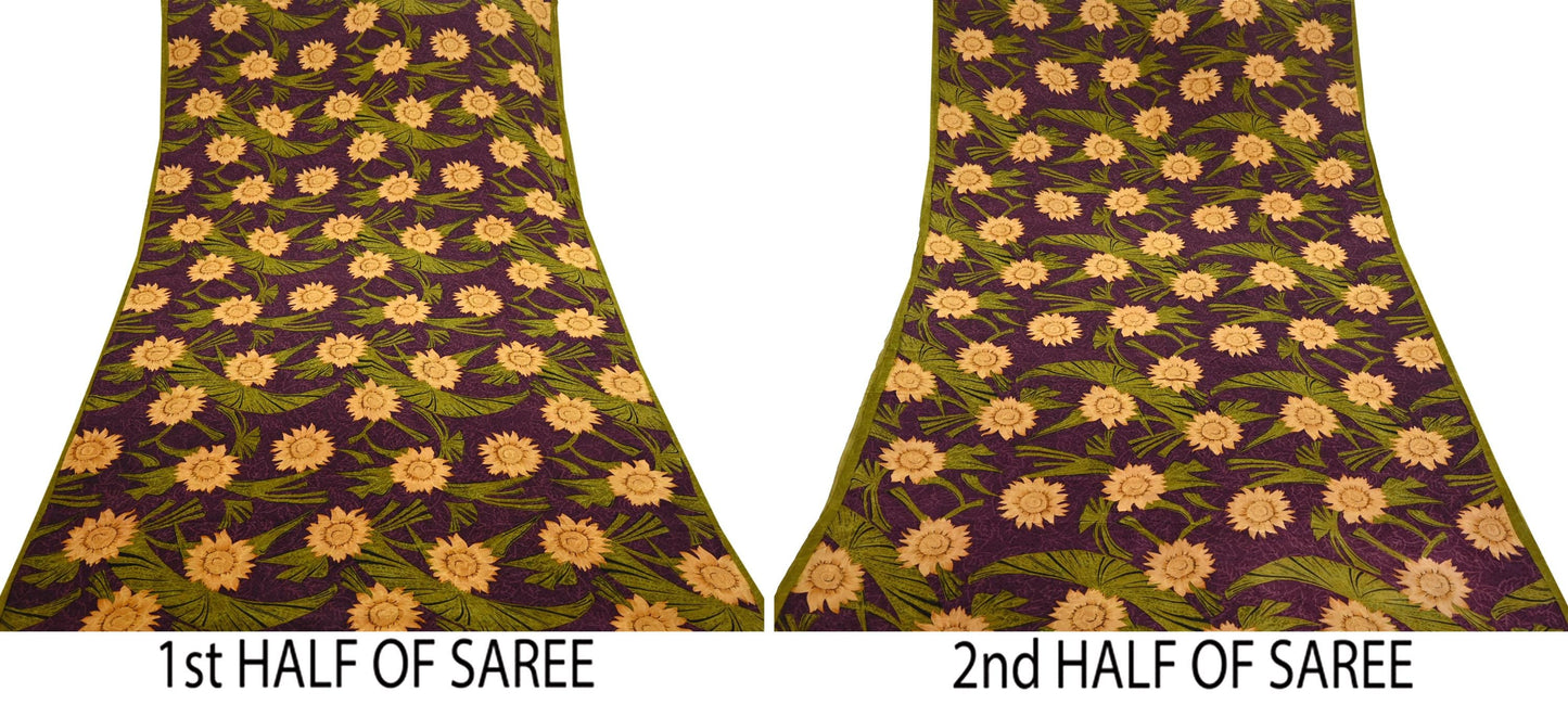 Indian Vintage Sari Green & Purple Pure Crepe Silk Printed Saree 5yard Sewing Sun Flower Soft Craft Fabric Wrap