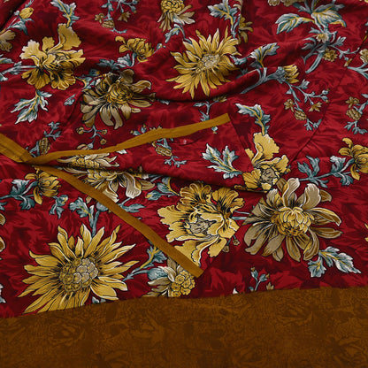 Indian Vintage Sari Red Pure Crepe Silk Printed Saree 5yard Sewing Quilting Floral Soft Craft Fabric Wrap