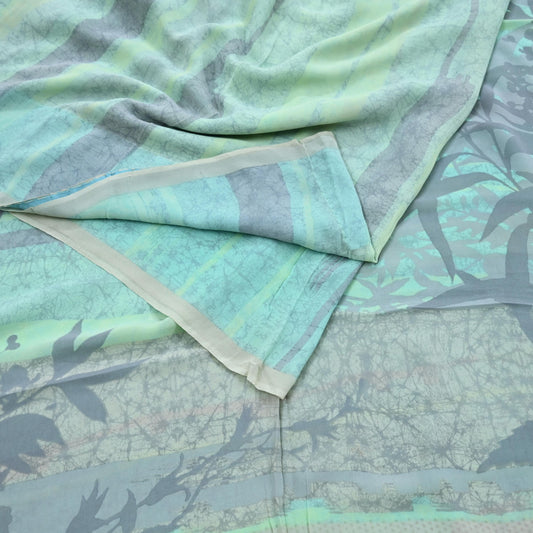 Indian Women Vintage Sari Gray & Green 100% Pure Georgette Silk Printed Saree Sewing 5yard Soft Craft Floral Design Wrap Boho