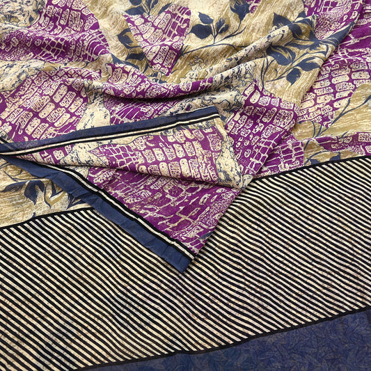 Women Vintage Sari Beige & Purple Pure Georgette Silk Printed Saree Craft Fabric Sewing 5Yard Soft Light Dress Making Floral