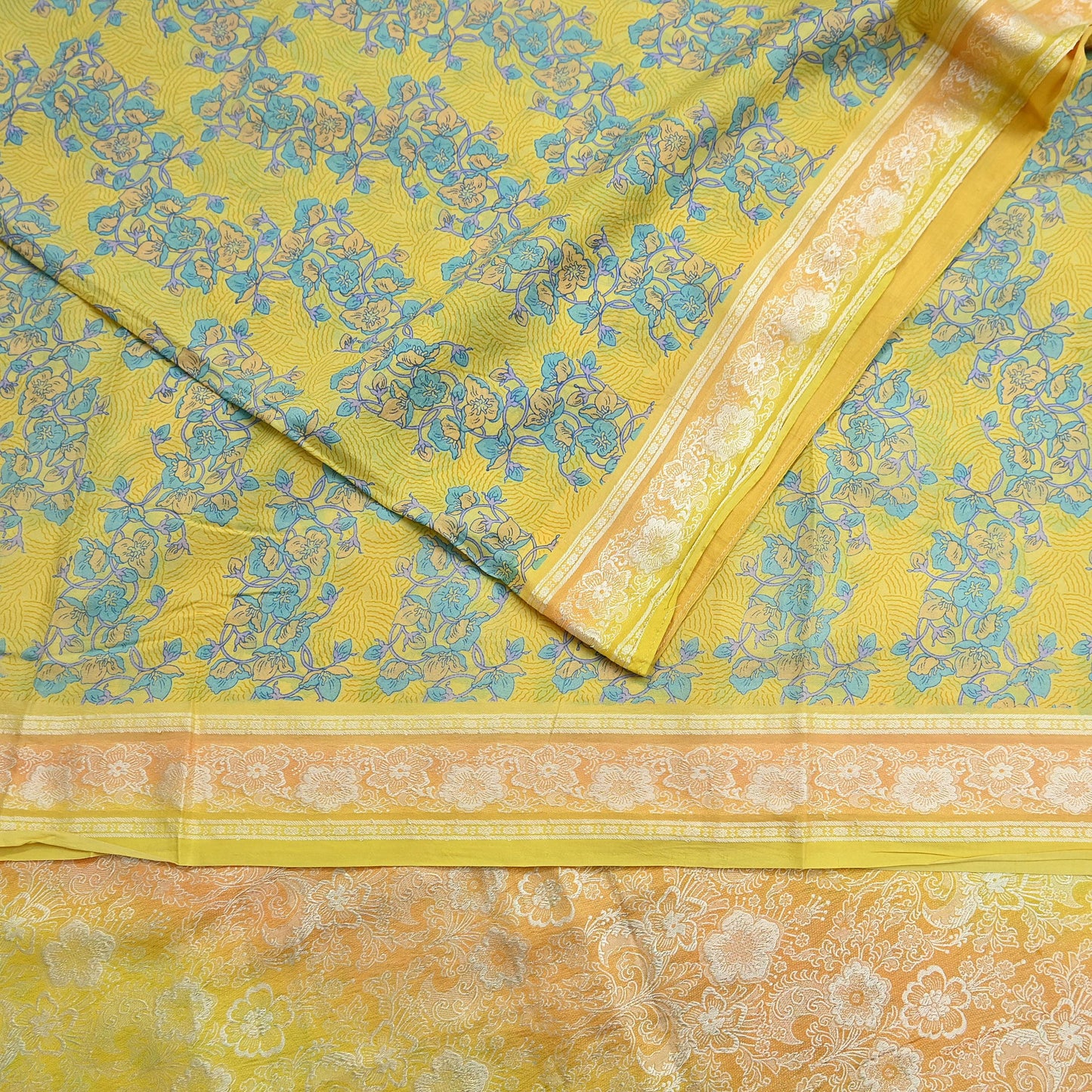 Vintage Sari Yellow Pure Silk Hand Woven Printed Saree Fabric 5yard Sewing Dress Designing for Crafting Quilting Upcycle Soft Border