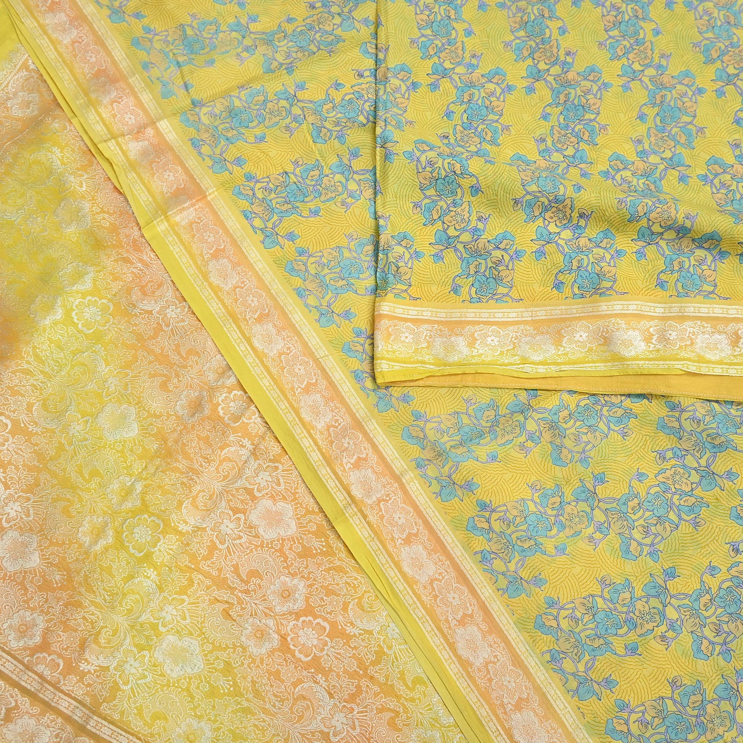 Vintage Sari Yellow Pure Silk Hand Woven Printed Saree Fabric 5yard Sewing Dress Designing for Crafting Quilting Upcycle Soft Border