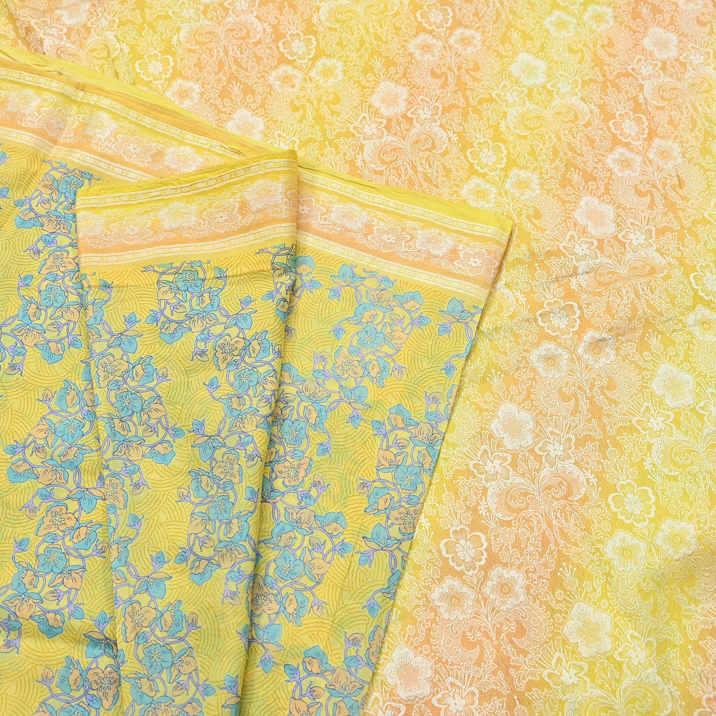 Vintage Sari Yellow Pure Silk Hand Woven Printed Saree Fabric 5yard Sewing Dress Designing for Crafting Quilting Upcycle Soft Border