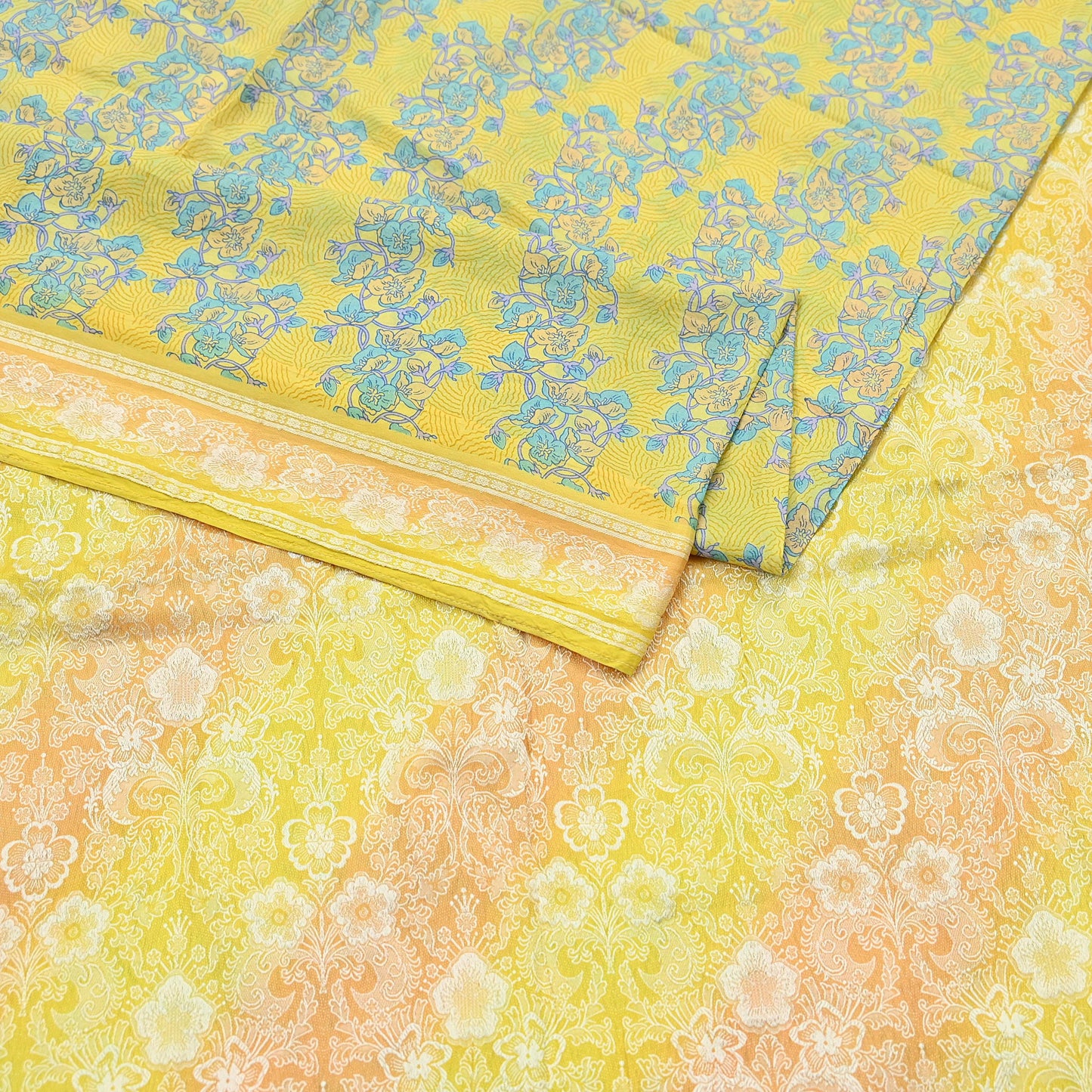 Vintage Sari Yellow Pure Silk Hand Woven Printed Saree Fabric 5yard Sewing Dress Designing for Crafting Quilting Upcycle Soft Border