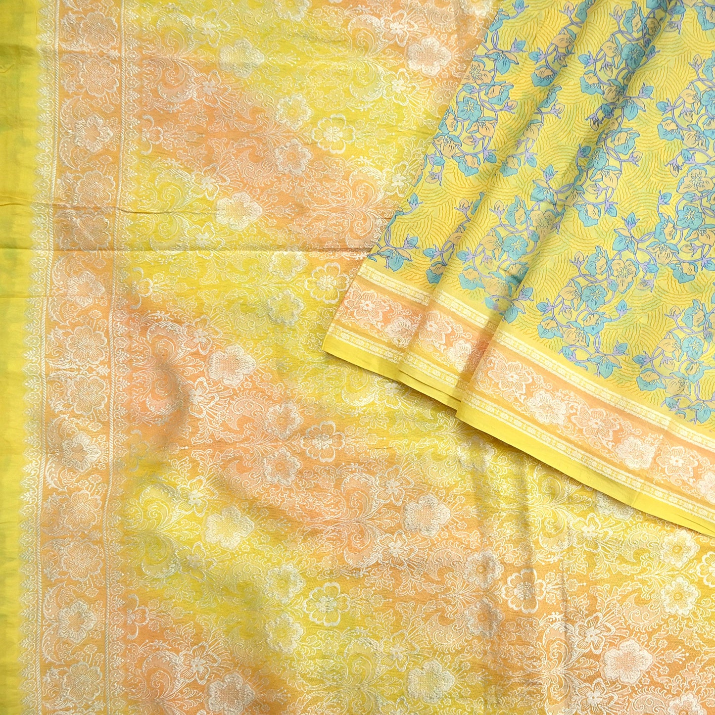 Vintage Sari Yellow Pure Silk Hand Woven Printed Saree Fabric 5yard Sewing Dress Designing for Crafting Quilting Upcycle Soft Border