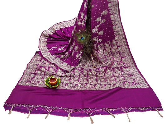 Indian Vintage PInk & Green Heavy Wedding Saree Pure Satin Silk Hand Embroidered Banarsi Brocade Sari Zari/Zardozi/Dabka 5Yd Dressmaking