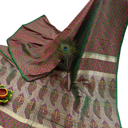 Vintage Green Banarasi Silk Saree Pure Satin Silk Handwoven Tanchoi Fabric with Paisley Weave 5 Yard Dressmaking Craft Material