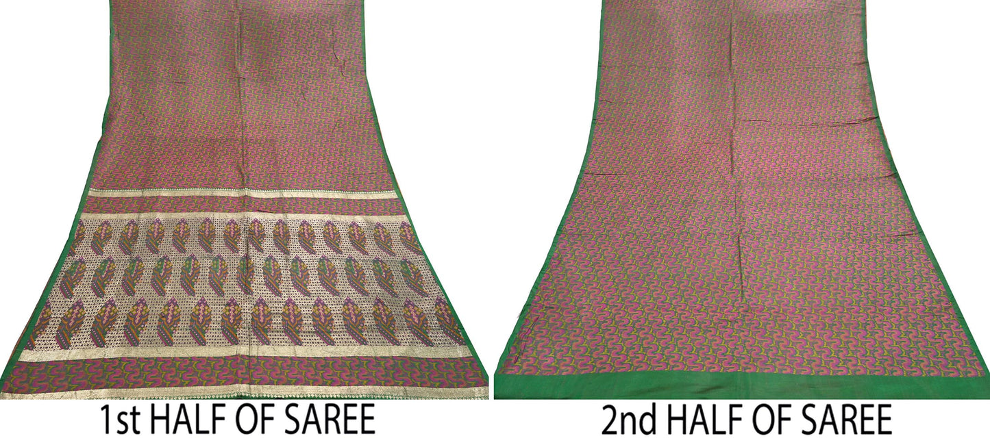Vintage Green Banarasi Silk Saree Pure Satin Silk Handwoven Tanchoi Fabric with Paisley Weave 5 Yard Dressmaking Craft Material