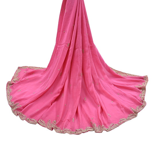 Indian Vintage Heavy Pink Dupatta Pure Crepe Silk Long Stole Hand Embroidered Scarves Dabka Zardozi Zari Scarves Wedding/ Bridal Veil