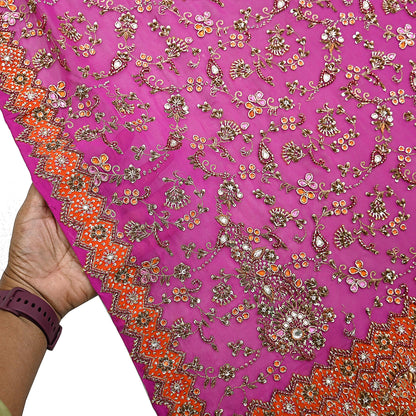 Indian Vintage Heavy Purple Bridal Dupatta Pure Georgette Silk Hand Embroidered Zardozi, Dabka, Zari Work Party Wear Long Stole