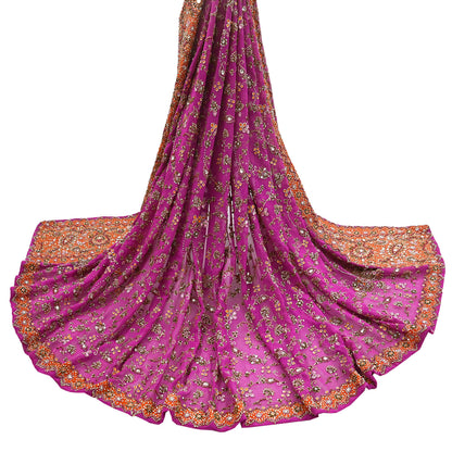 Indian Vintage Heavy Purple Bridal Dupatta Pure Georgette Silk Hand Embroidered Zardozi, Dabka, Zari Work Party Wear Long Stole