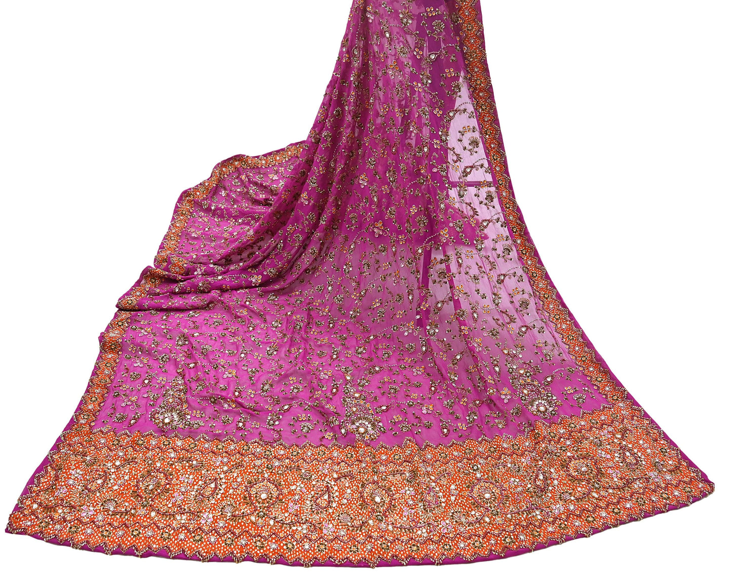 Indian Vintage Heavy Purple Bridal Dupatta Pure Georgette Silk Hand Embroidered Zardozi, Dabka, Zari Work Party Wear Long Stole