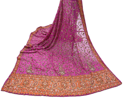 Indian Vintage Heavy Purple Bridal Dupatta Pure Georgette Silk Hand Embroidered Zardozi, Dabka, Zari Work Party Wear Long Stole