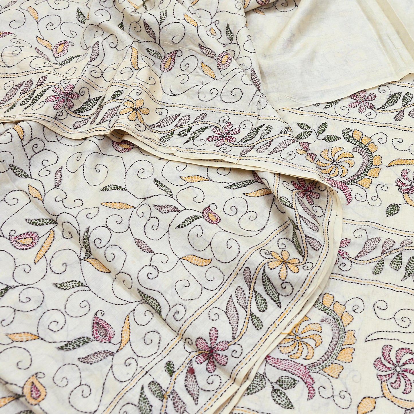 Indian Vintage Ivory Saree 100% Pure Silk Hand Embroidered Kantha Sari Fabric 5Yd Sewing Floral Sequin