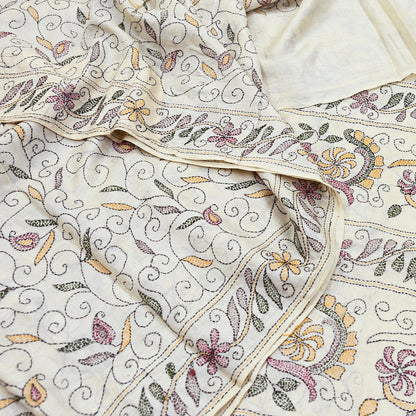 Indian Vintage Ivory Saree 100% Pure Silk Hand Embroidered Kantha Sari Fabric 5Yd Sewing Floral Sequin
