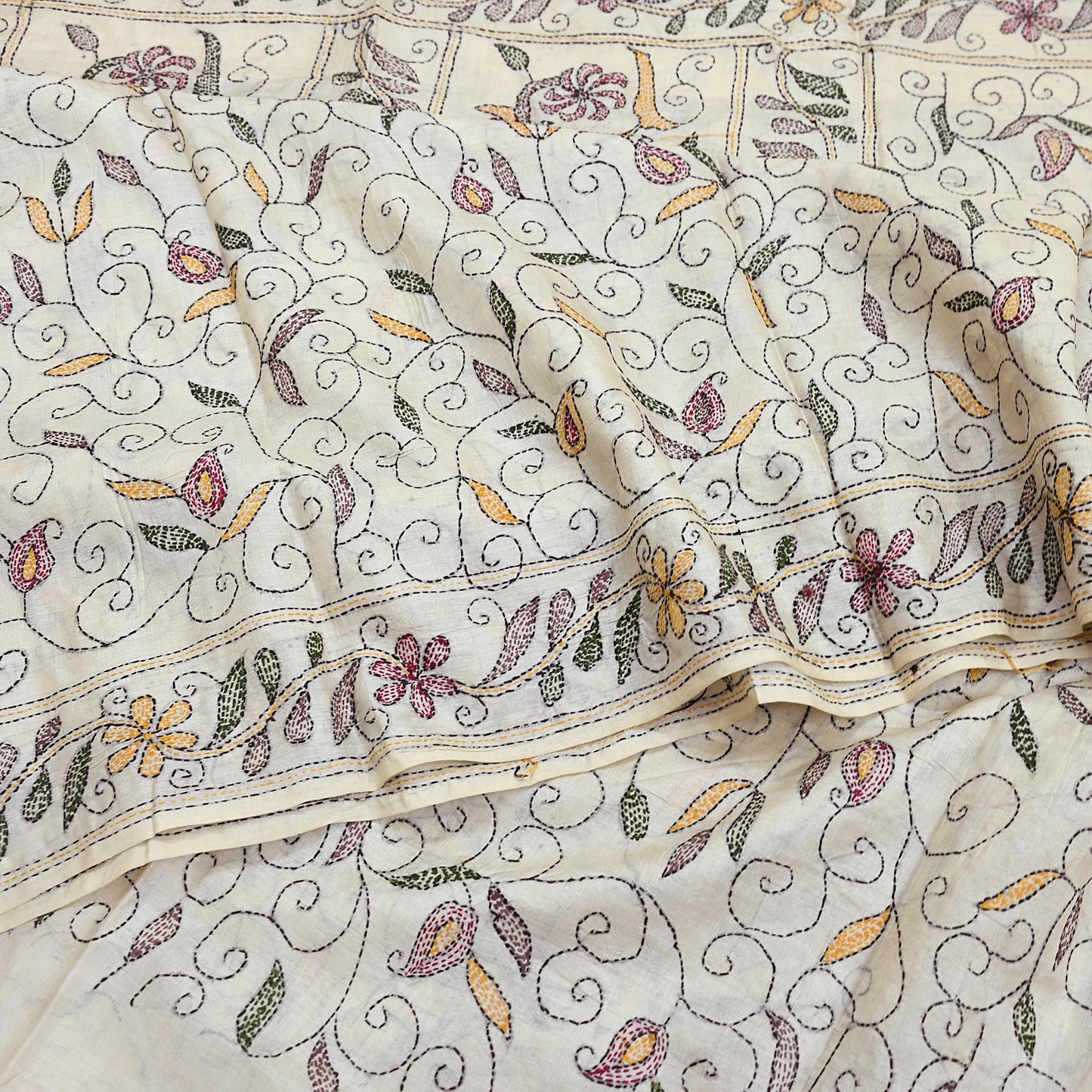 Indian Vintage Ivory Saree 100% Pure Silk Hand Embroidered Kantha Sari Fabric 5Yd Sewing Floral Sequin