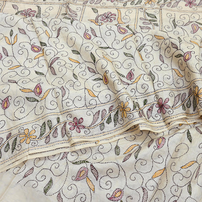 Indian Vintage Ivory Saree 100% Pure Silk Hand Embroidered Kantha Sari Fabric 5Yd Sewing Floral Sequin