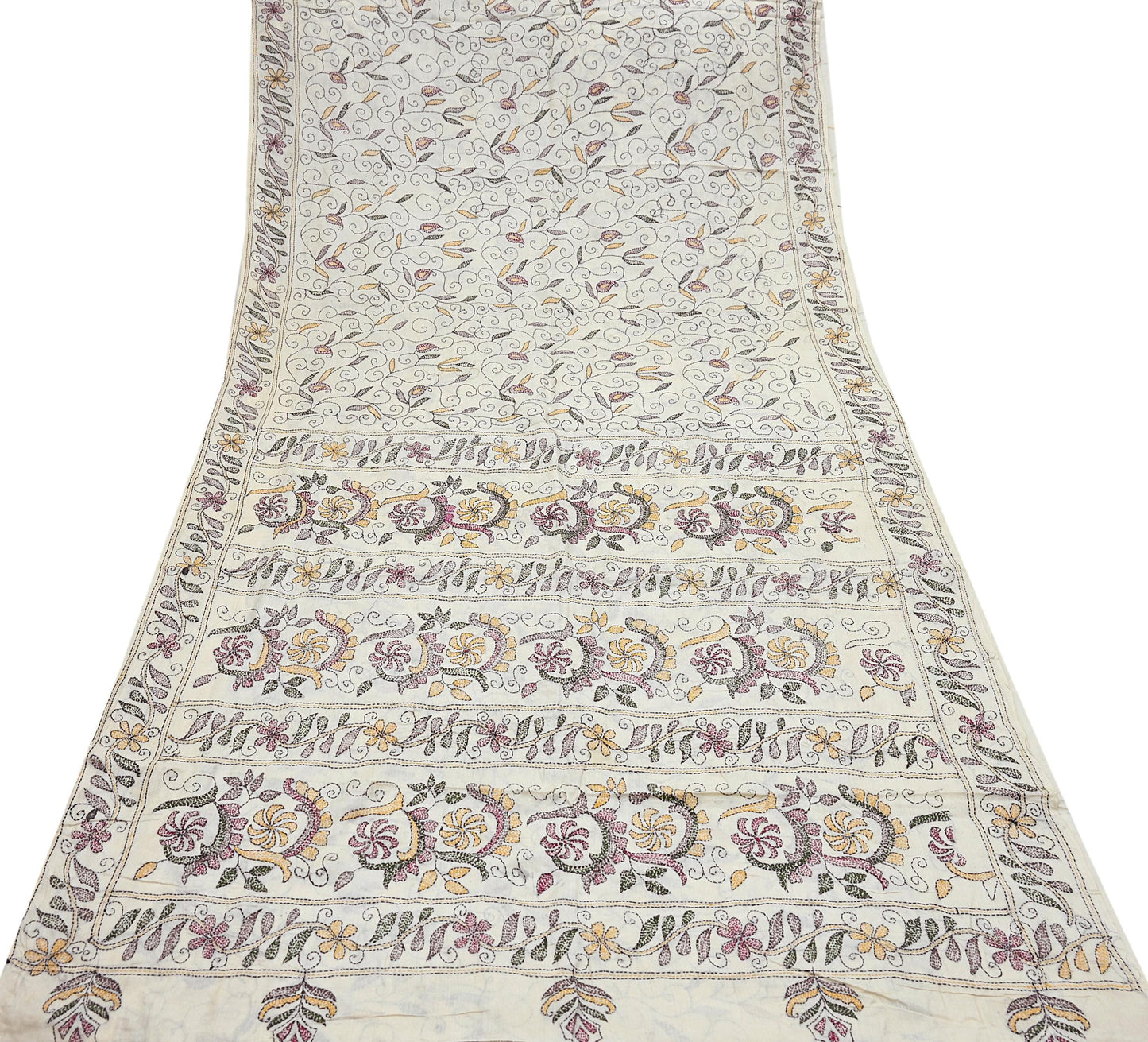 Indian Vintage Ivory Saree 100% Pure Silk Hand Embroidered Kantha Sari Fabric 5Yd Sewing Floral Sequin