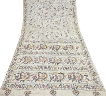Indian Vintage Ivory Saree 100% Pure Silk Hand Embroidered Kantha Sari Fabric 5Yd Sewing Floral Sequin