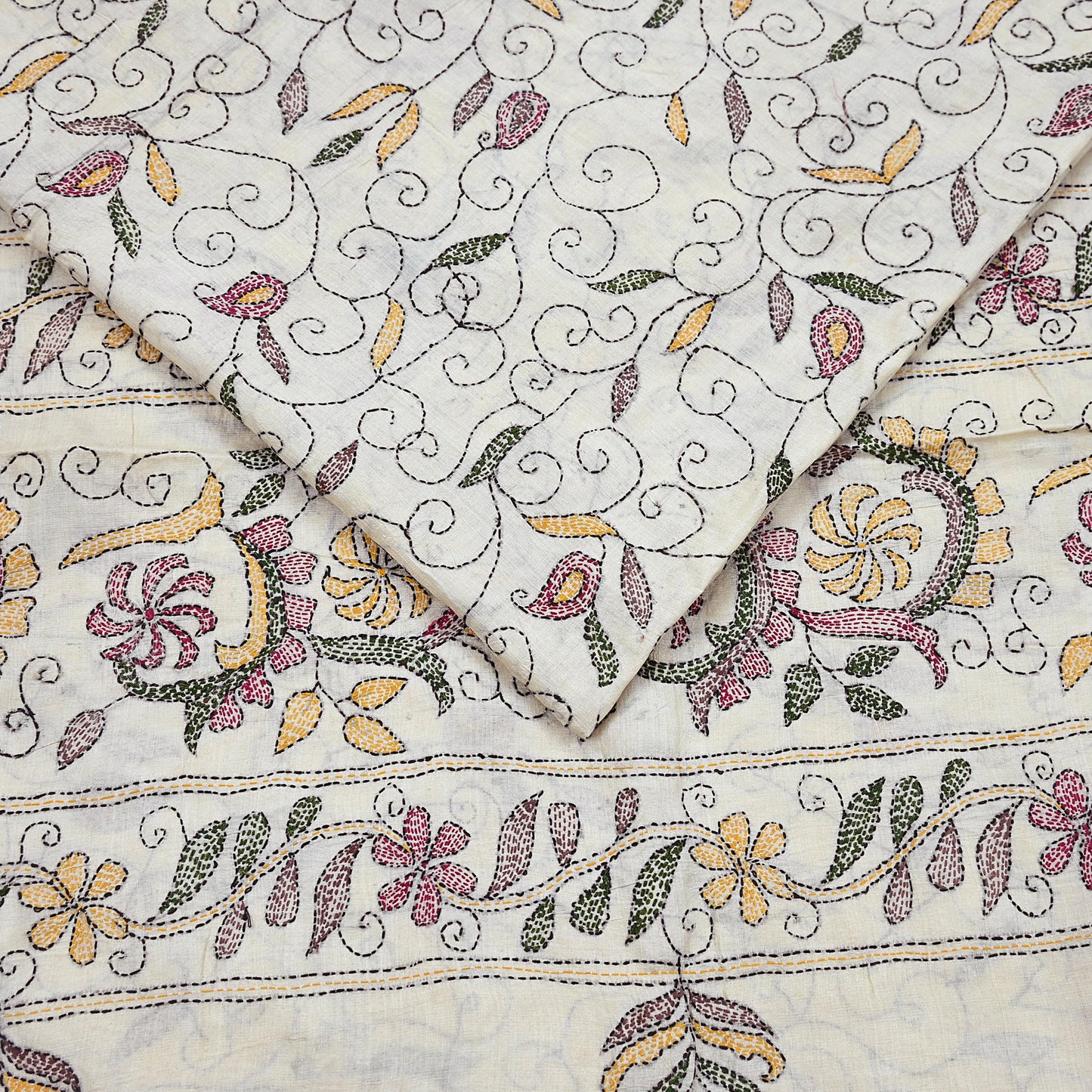 Indian Vintage Ivory Saree 100% Pure Silk Hand Embroidered Kantha Sari Fabric 5Yd Sewing Floral Sequin