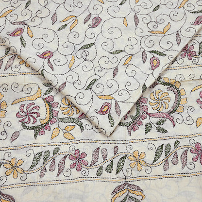 Indian Vintage Ivory Saree 100% Pure Silk Hand Embroidered Kantha Sari Fabric 5Yd Sewing Floral Sequin