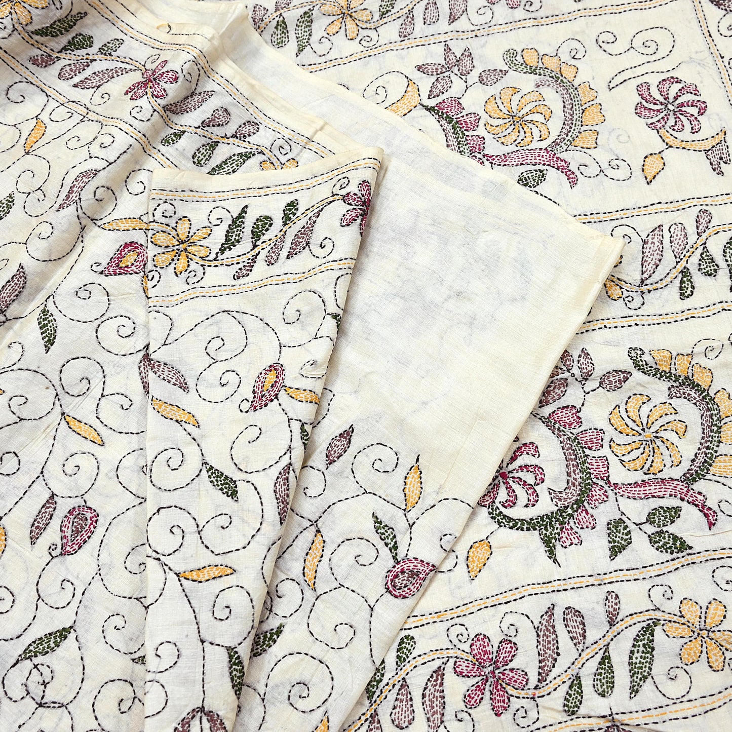 Indian Vintage Ivory Saree 100% Pure Silk Hand Embroidered Kantha Sari Fabric 5Yd Sewing Floral Sequin