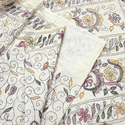 Indian Vintage Ivory Saree 100% Pure Silk Hand Embroidered Kantha Sari Fabric 5Yd Sewing Floral Sequin