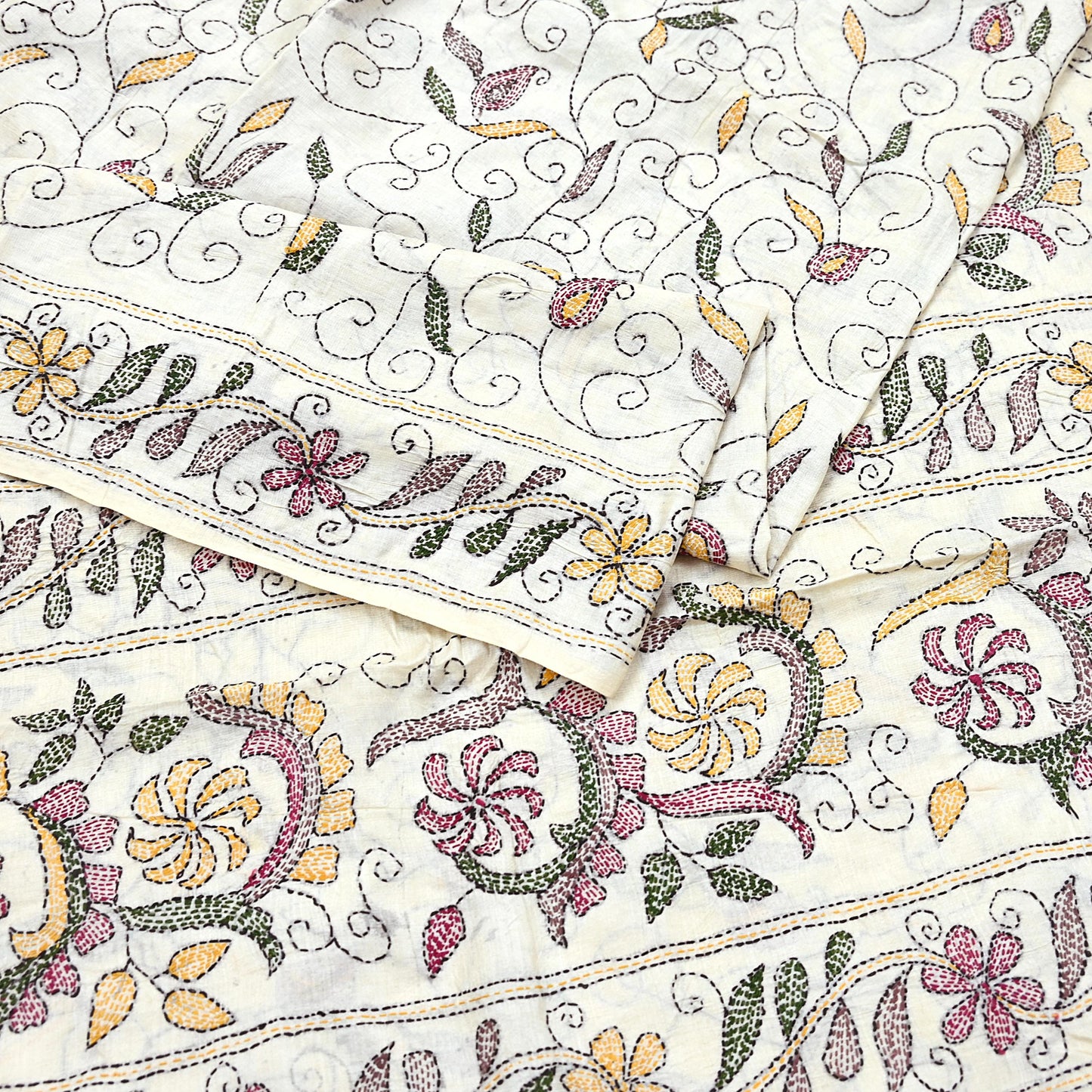 Indian Vintage Ivory Saree 100% Pure Silk Hand Embroidered Kantha Sari Fabric 5Yd Sewing Floral Sequin