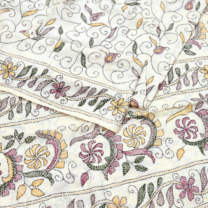 Indian Vintage Ivory Saree 100% Pure Silk Hand Embroidered Kantha Sari Fabric 5Yd Sewing Floral Sequin