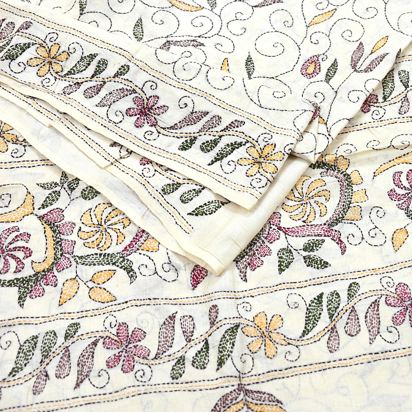 Indian Vintage Ivory Saree 100% Pure Silk Hand Embroidered Kantha Sari Fabric 5Yd Sewing Floral Sequin