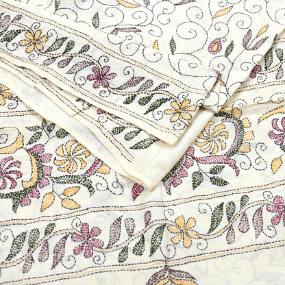Indian Vintage Ivory Saree 100% Pure Silk Hand Embroidered Kantha Sari Fabric 5Yd Sewing Floral Sequin
