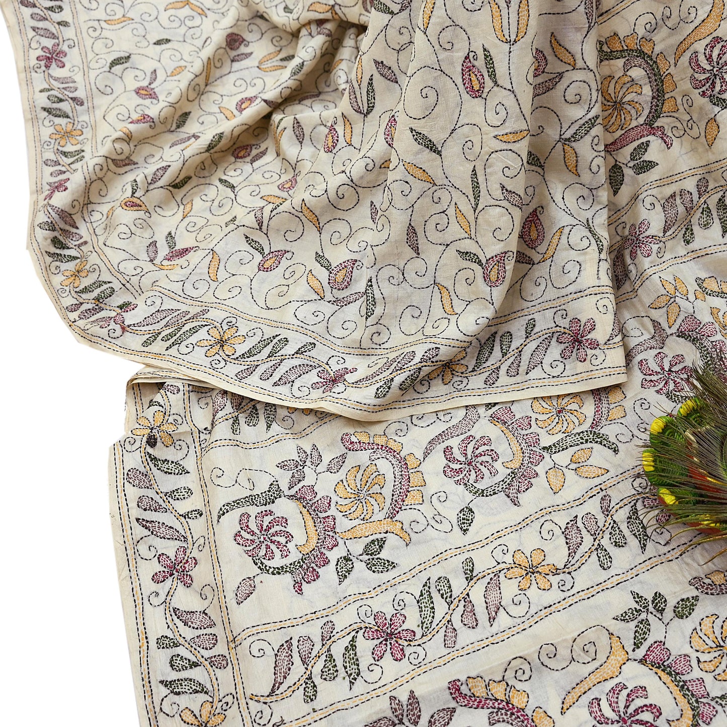 Indian Vintage Ivory Saree 100% Pure Silk Hand Embroidered Kantha Sari Fabric 5Yd Sewing Floral Sequin