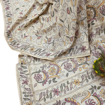 Indian Vintage Ivory Saree 100% Pure Silk Hand Embroidered Kantha Sari Fabric 5Yd Sewing Floral Sequin