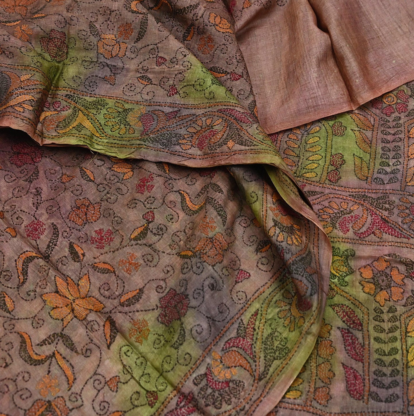 Indian Vintage Brown & Green Saree 100% Pure Silk Hand Embroidered Kantha Sari Fabric 5Yd Sewing Floral Sequin