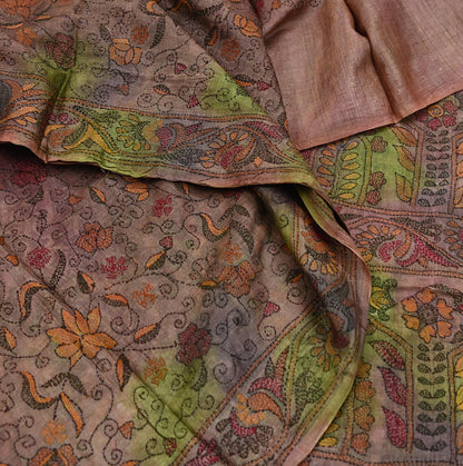 Indian Vintage Brown & Green Saree 100% Pure Silk Hand Embroidered Kantha Sari Fabric 5Yd Sewing Floral Sequin