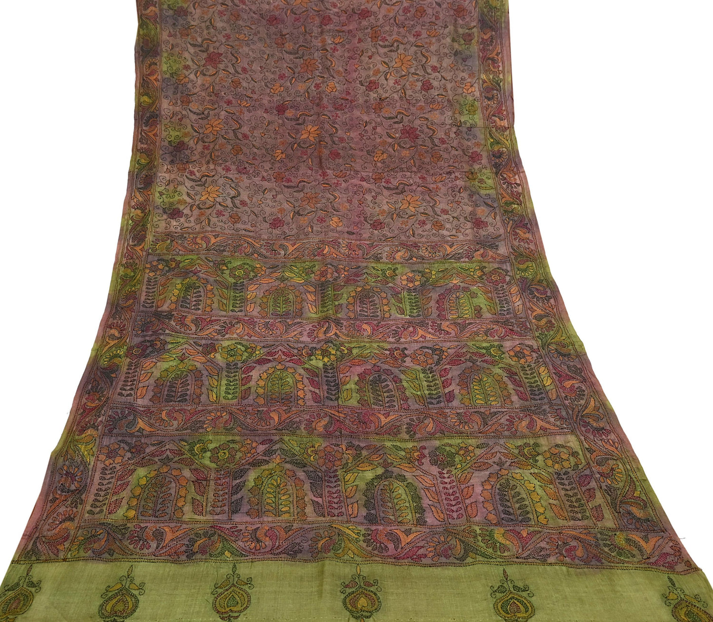 Indian Vintage Brown & Green Saree 100% Pure Silk Hand Embroidered Kantha Sari Fabric 5Yd Sewing Floral Sequin