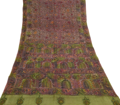 Indian Vintage Brown & Green Saree 100% Pure Silk Hand Embroidered Kantha Sari Fabric 5Yd Sewing Floral Sequin