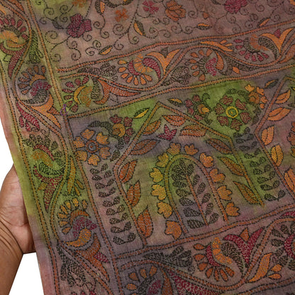 Indian Vintage Brown & Green Saree 100% Pure Silk Hand Embroidered Kantha Sari Fabric 5Yd Sewing Floral Sequin