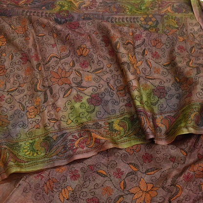 Indian Vintage Brown & Green Saree 100% Pure Silk Hand Embroidered Kantha Sari Fabric 5Yd Sewing Floral Sequin