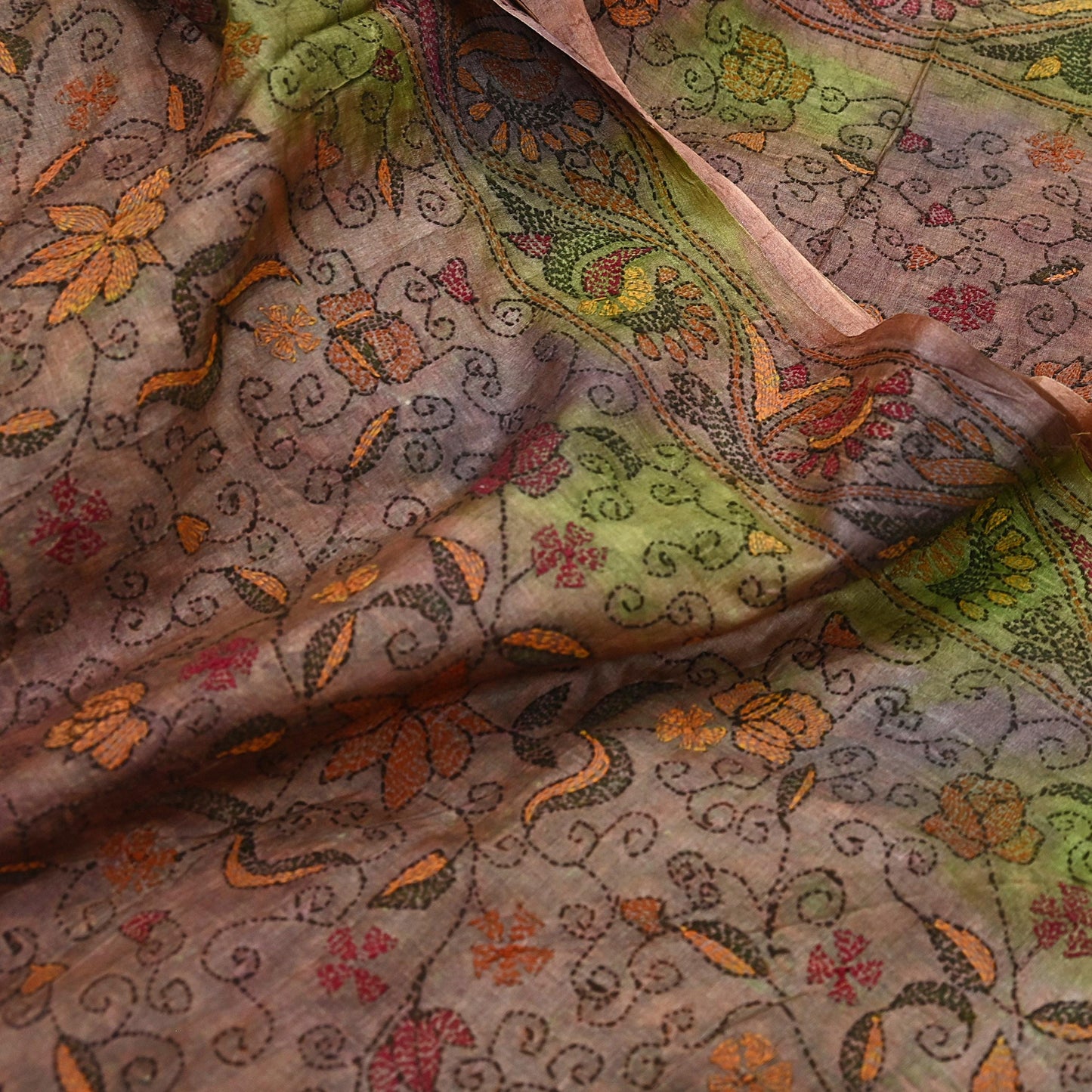 Indian Vintage Brown & Green Saree 100% Pure Silk Hand Embroidered Kantha Sari Fabric 5Yd Sewing Floral Sequin