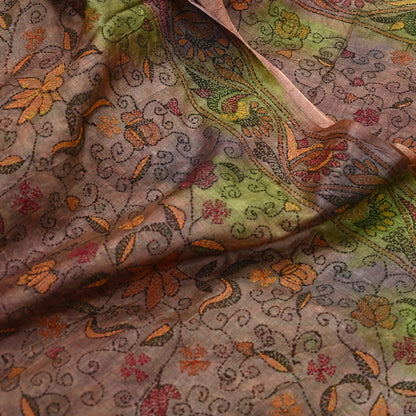 Indian Vintage Brown & Green Saree 100% Pure Silk Hand Embroidered Kantha Sari Fabric 5Yd Sewing Floral Sequin