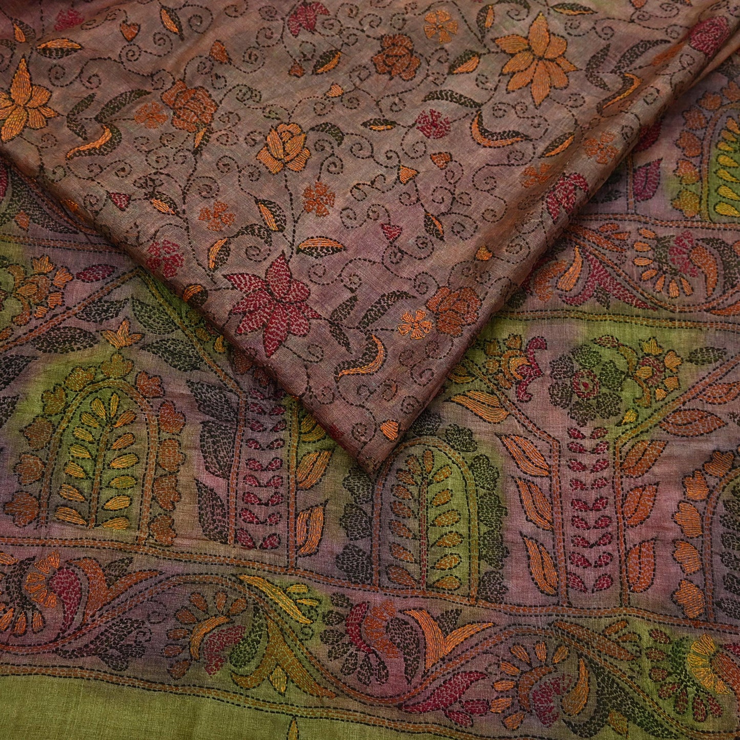 Indian Vintage Brown & Green Saree 100% Pure Silk Hand Embroidered Kantha Sari Fabric 5Yd Sewing Floral Sequin