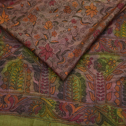 Indian Vintage Brown & Green Saree 100% Pure Silk Hand Embroidered Kantha Sari Fabric 5Yd Sewing Floral Sequin