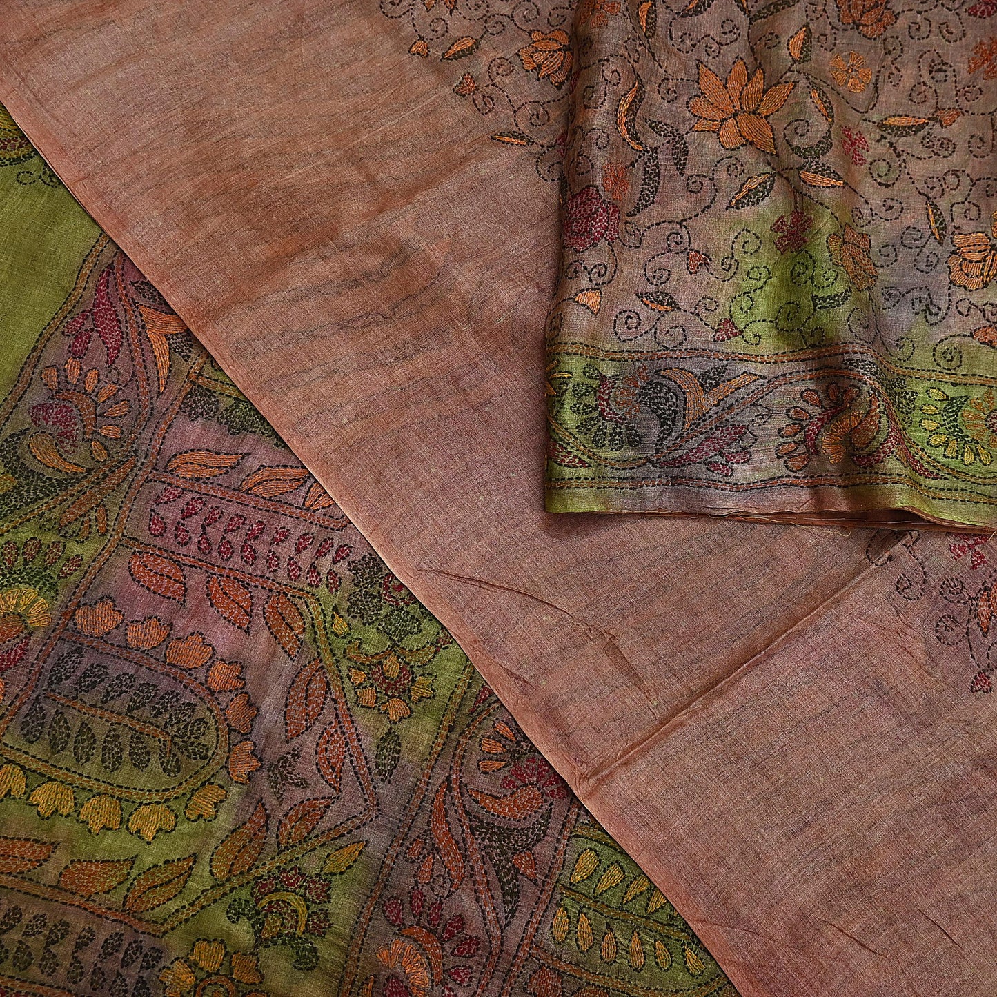 Indian Vintage Brown & Green Saree 100% Pure Silk Hand Embroidered Kantha Sari Fabric 5Yd Sewing Floral Sequin