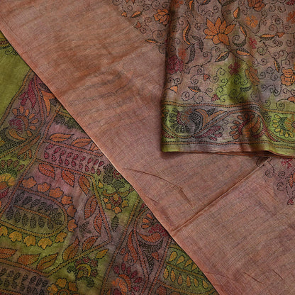 Indian Vintage Brown & Green Saree 100% Pure Silk Hand Embroidered Kantha Sari Fabric 5Yd Sewing Floral Sequin