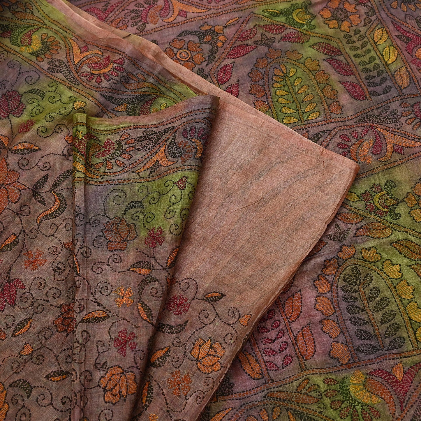 Indian Vintage Brown & Green Saree 100% Pure Silk Hand Embroidered Kantha Sari Fabric 5Yd Sewing Floral Sequin