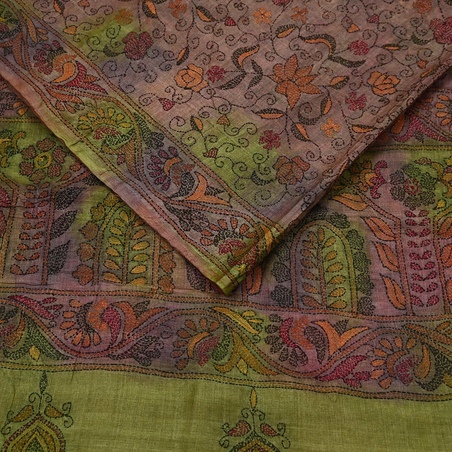 Indian Vintage Brown & Green Saree 100% Pure Silk Hand Embroidered Kantha Sari Fabric 5Yd Sewing Floral Sequin