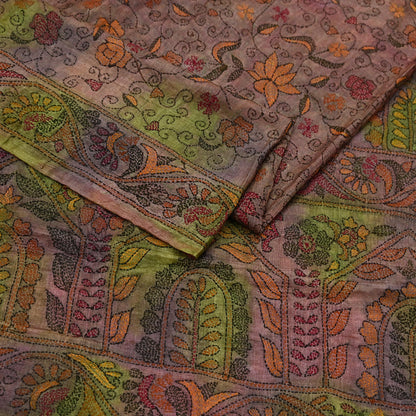 Indian Vintage Brown & Green Saree 100% Pure Silk Hand Embroidered Kantha Sari Fabric 5Yd Sewing Floral Sequin