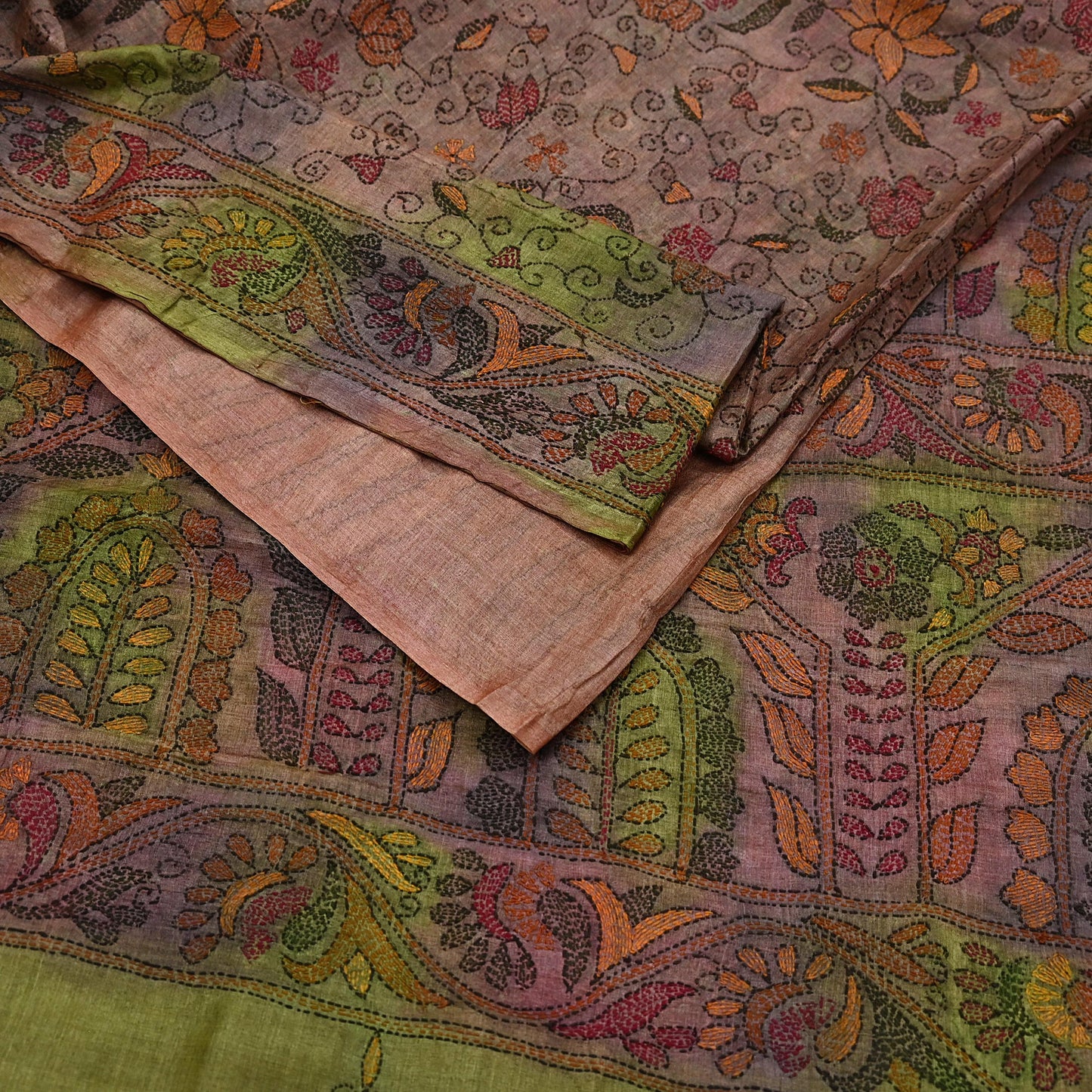 Indian Vintage Brown & Green Saree 100% Pure Silk Hand Embroidered Kantha Sari Fabric 5Yd Sewing Floral Sequin
