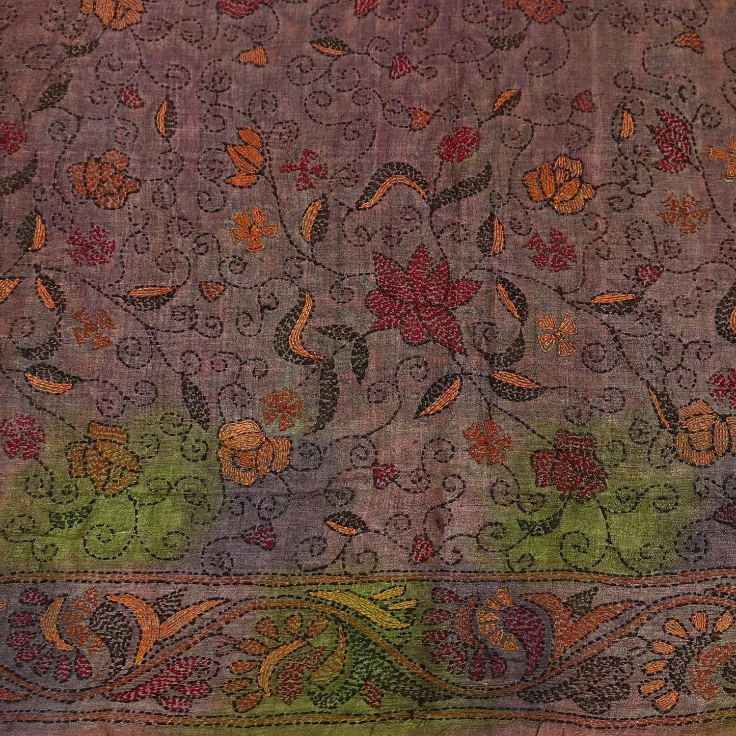 Indian Vintage Brown & Green Saree 100% Pure Silk Hand Embroidered Kantha Sari Fabric 5Yd Sewing Floral Sequin